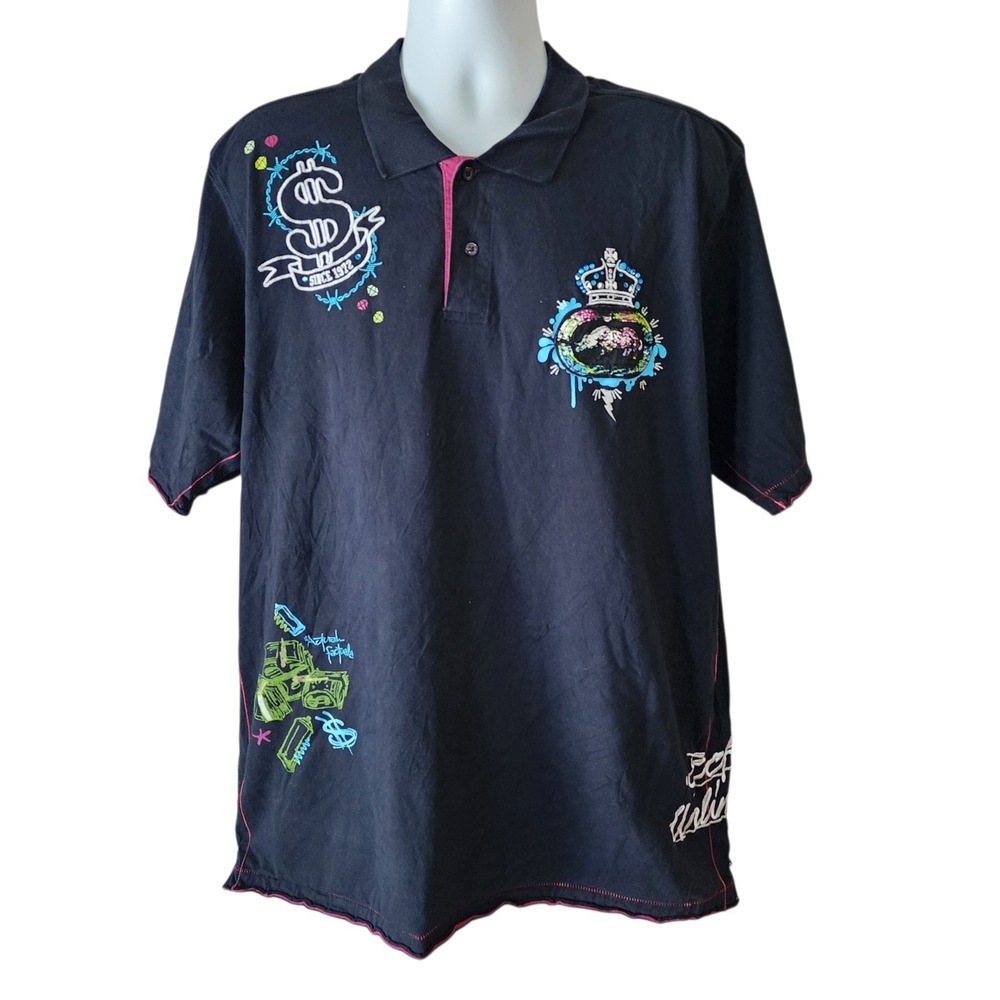 Ecko Unltd Polo Shirt Mens 2XL XXL Y2K Double Sided Graphic Hip Hop Streetwear